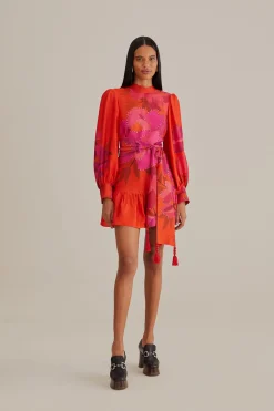 FARM Rio  RED PEONY LONG SLEEVE MINI DRESS