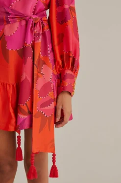 FARM Rio RED PEONY LONG SLEEVE MINI DRESS