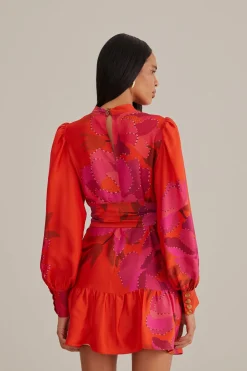 FARM Rio RED PEONY LONG SLEEVE MINI DRESS