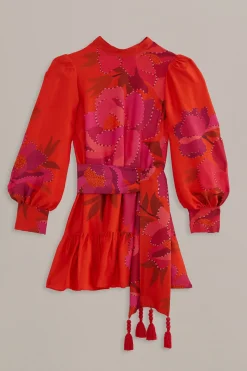 FARM Rio RED PEONY LONG SLEEVE MINI DRESS