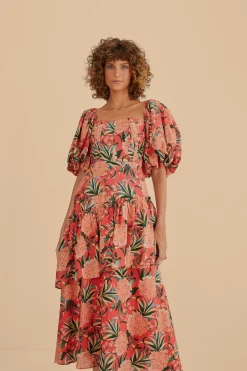 FARM Rio  RED PINEAPPLE BLOOM CUT OUT MIDI DRESS