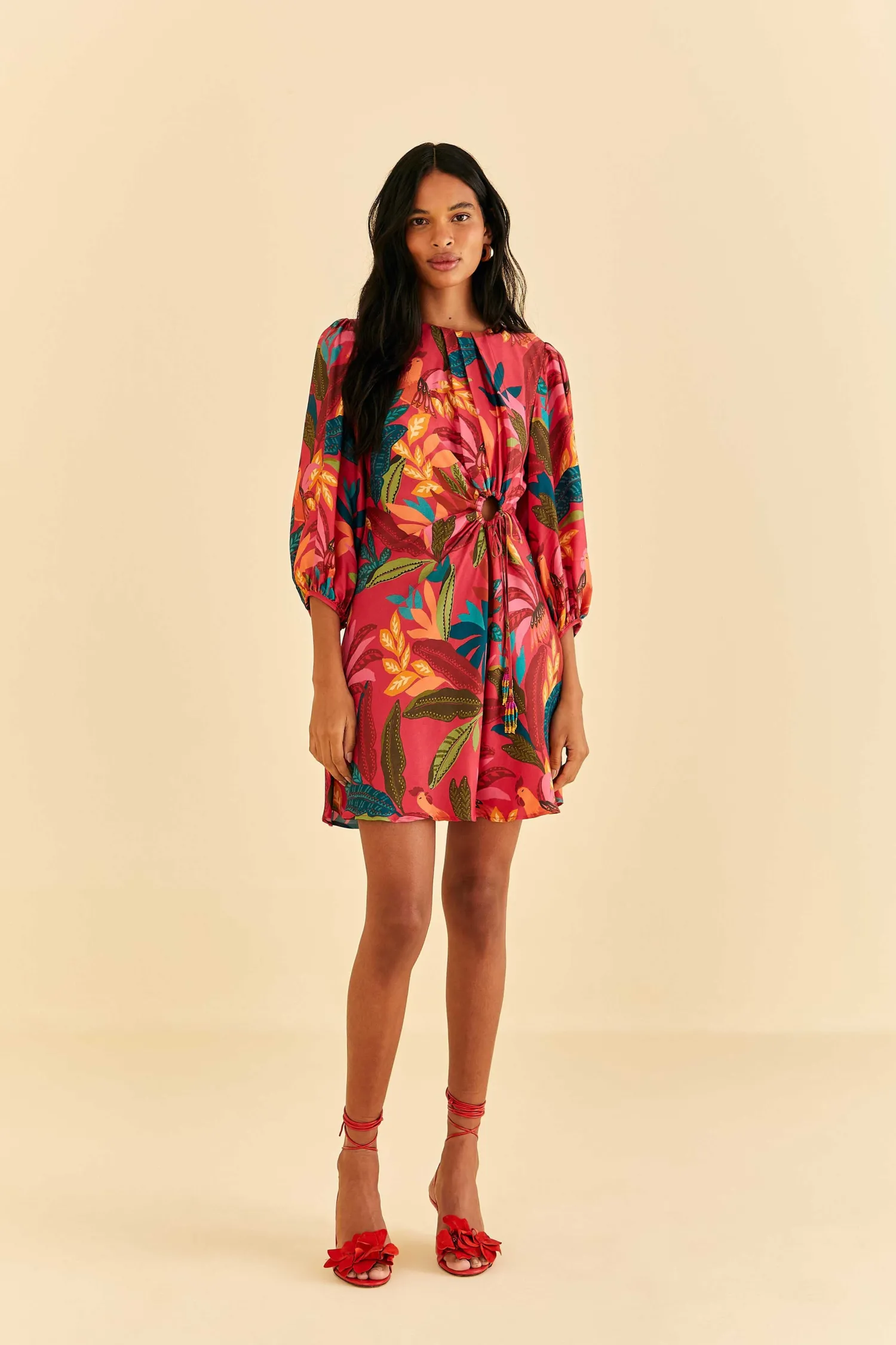 FARM Rio RED ROOSTER LEAVES LONG SLEEVE MINI DRESS