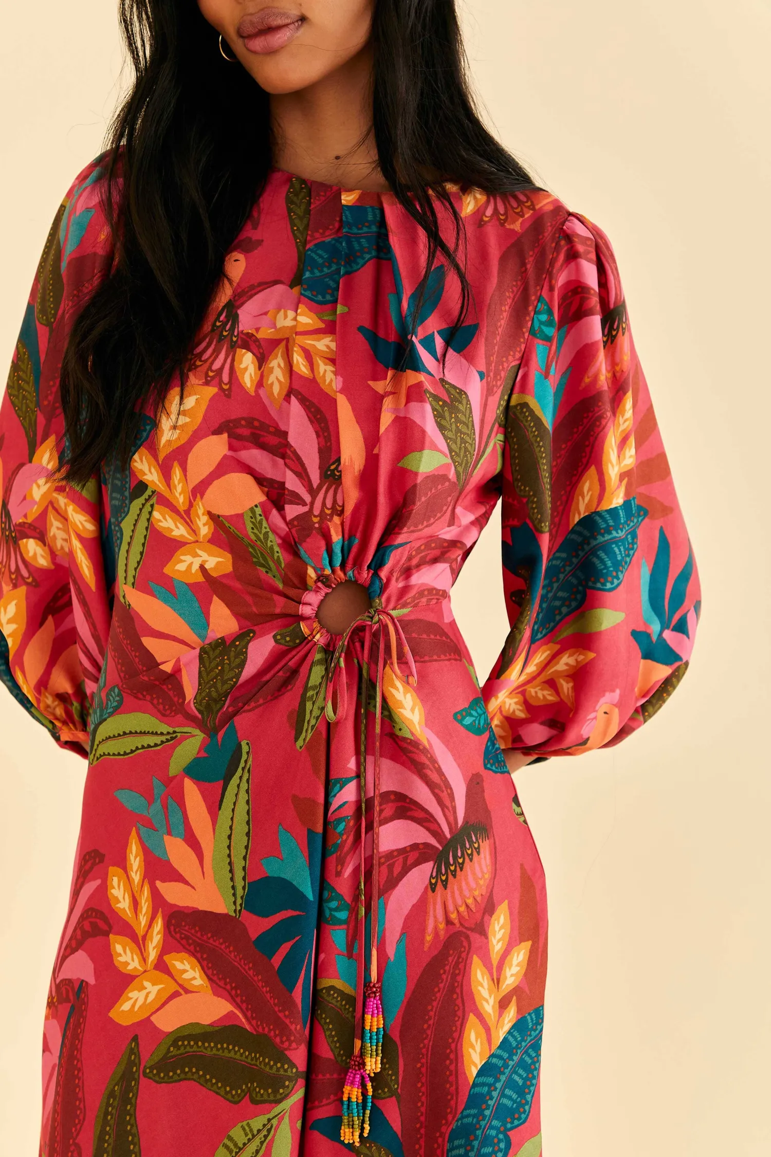 FARM Rio RED ROOSTER LEAVES LONG SLEEVE MINI DRESS