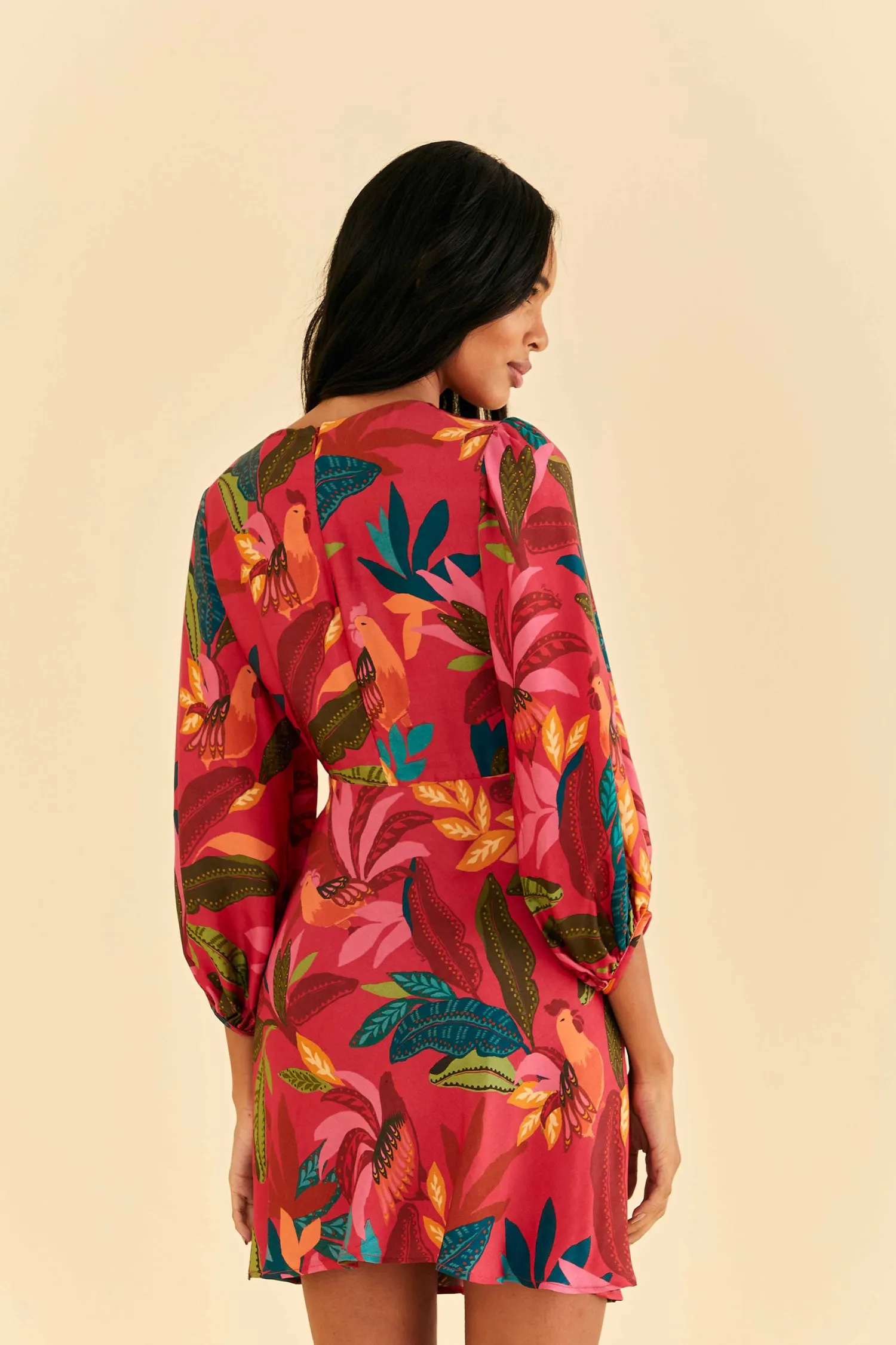 FARM Rio RED ROOSTER LEAVES LONG SLEEVE MINI DRESS
