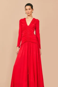 FARM Rio  RED V NECKLINE LONG SLEEVE MIDI DRESS