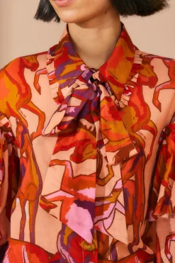 FARM Rio ROSE WILD HORSES BOW NECK TIE BLOUSE