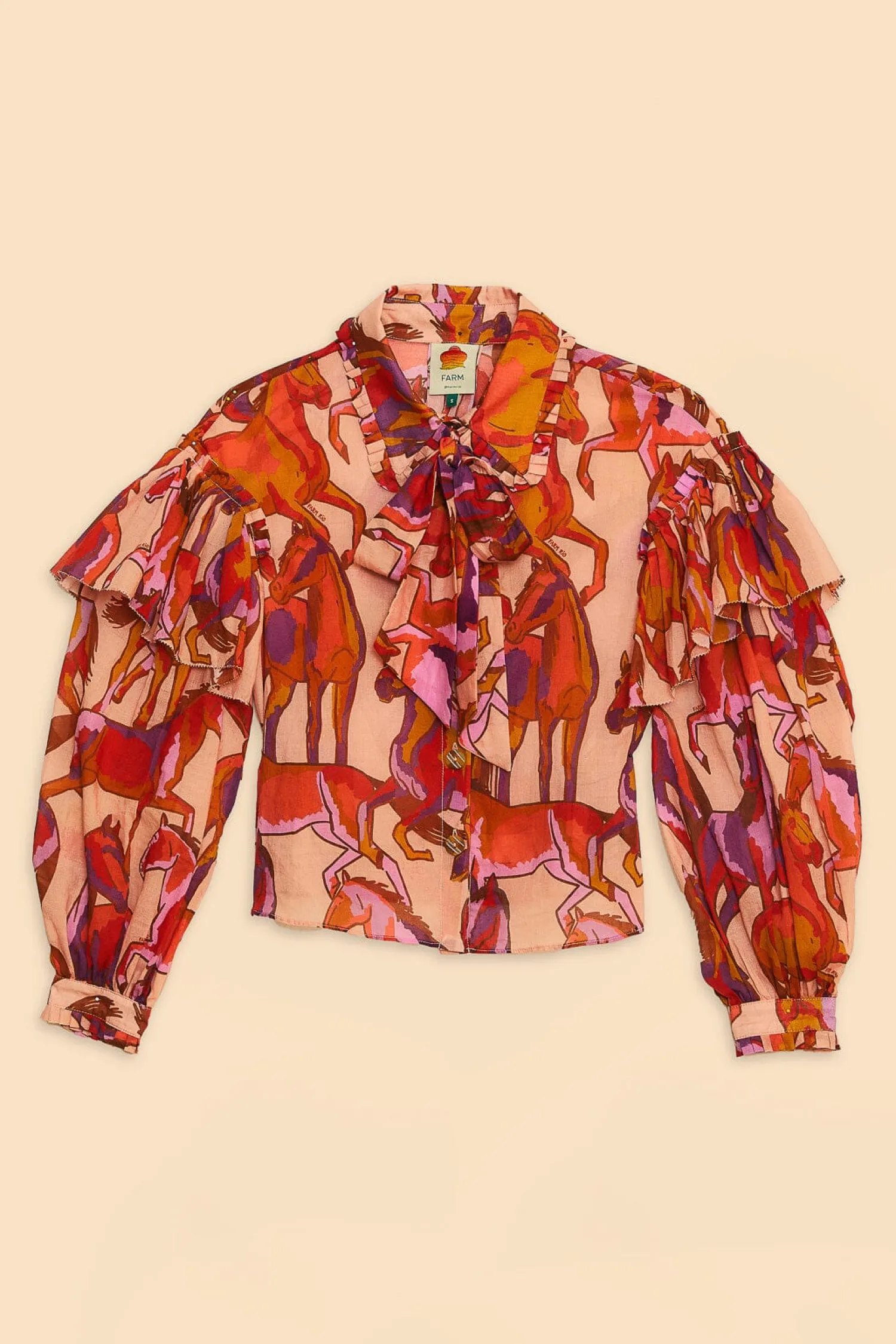FARM Rio ROSE WILD HORSES BOW NECK TIE BLOUSE