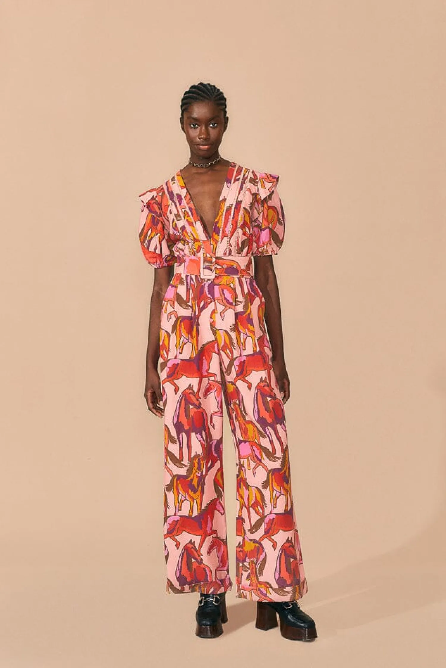 FARM Rio ROSE WILD HORSES PLEATED SHORT SLEEVE JUMPSUIT