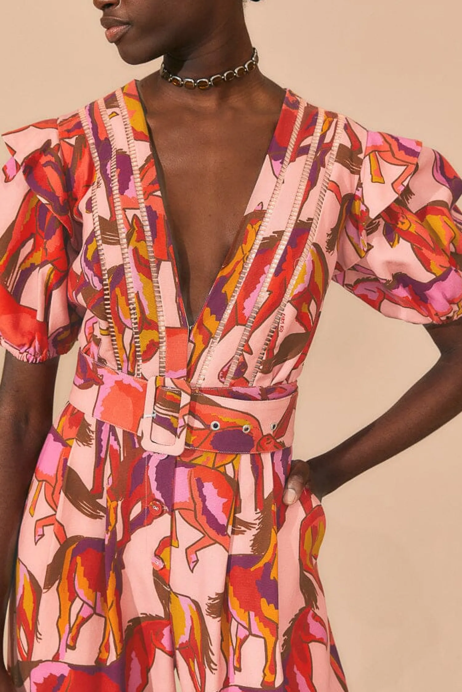 FARM Rio ROSE WILD HORSES PLEATED SHORT SLEEVE JUMPSUIT