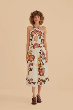 FARM Rio SAND LEOPARD FLOWERS CUT OUT MIDI DRESS