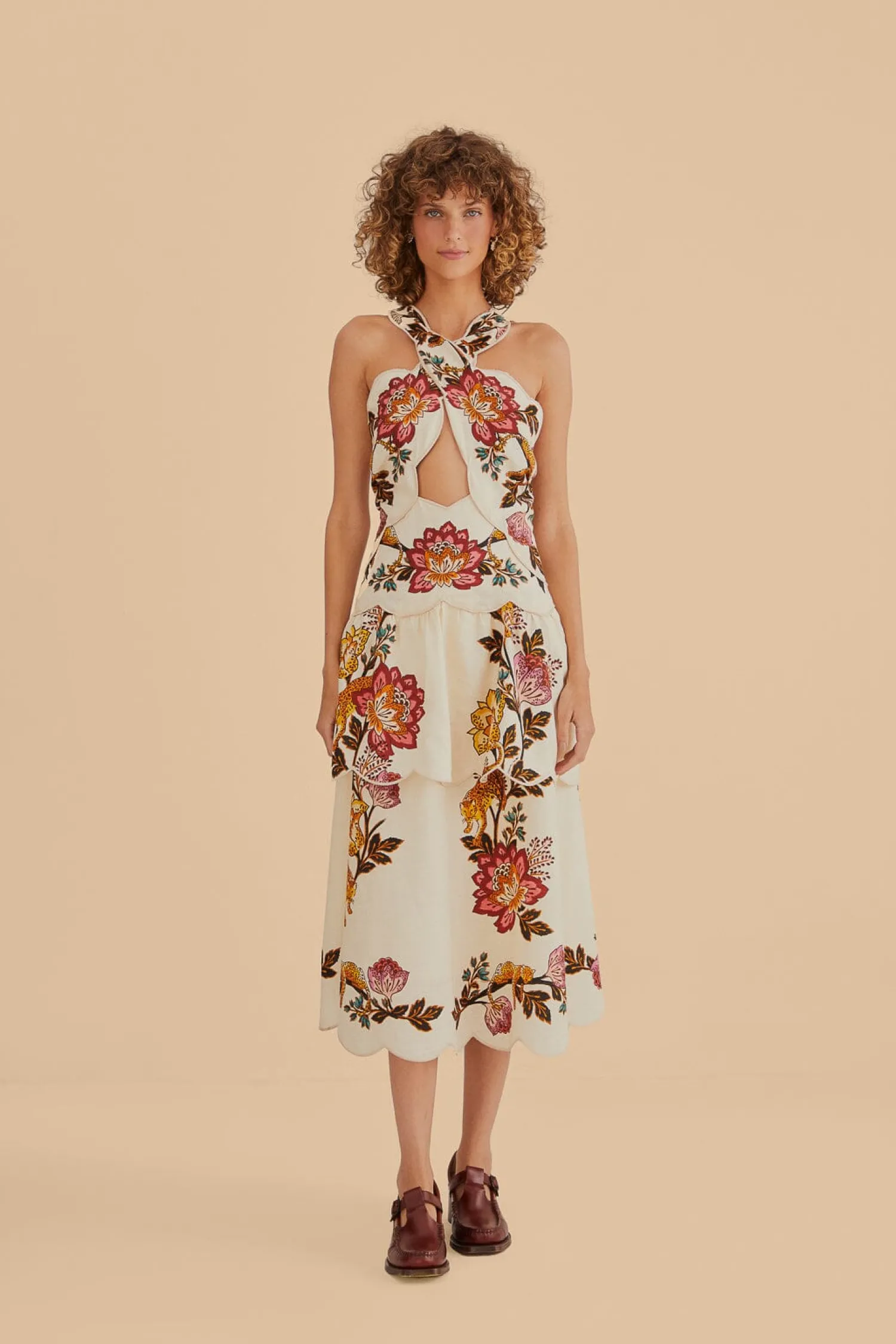 FARM Rio SAND LEOPARD FLOWERS CUT OUT MIDI DRESS