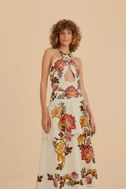 FARM Rio  SAND LEOPARD FLOWERS CUT OUT MIDI DRESS