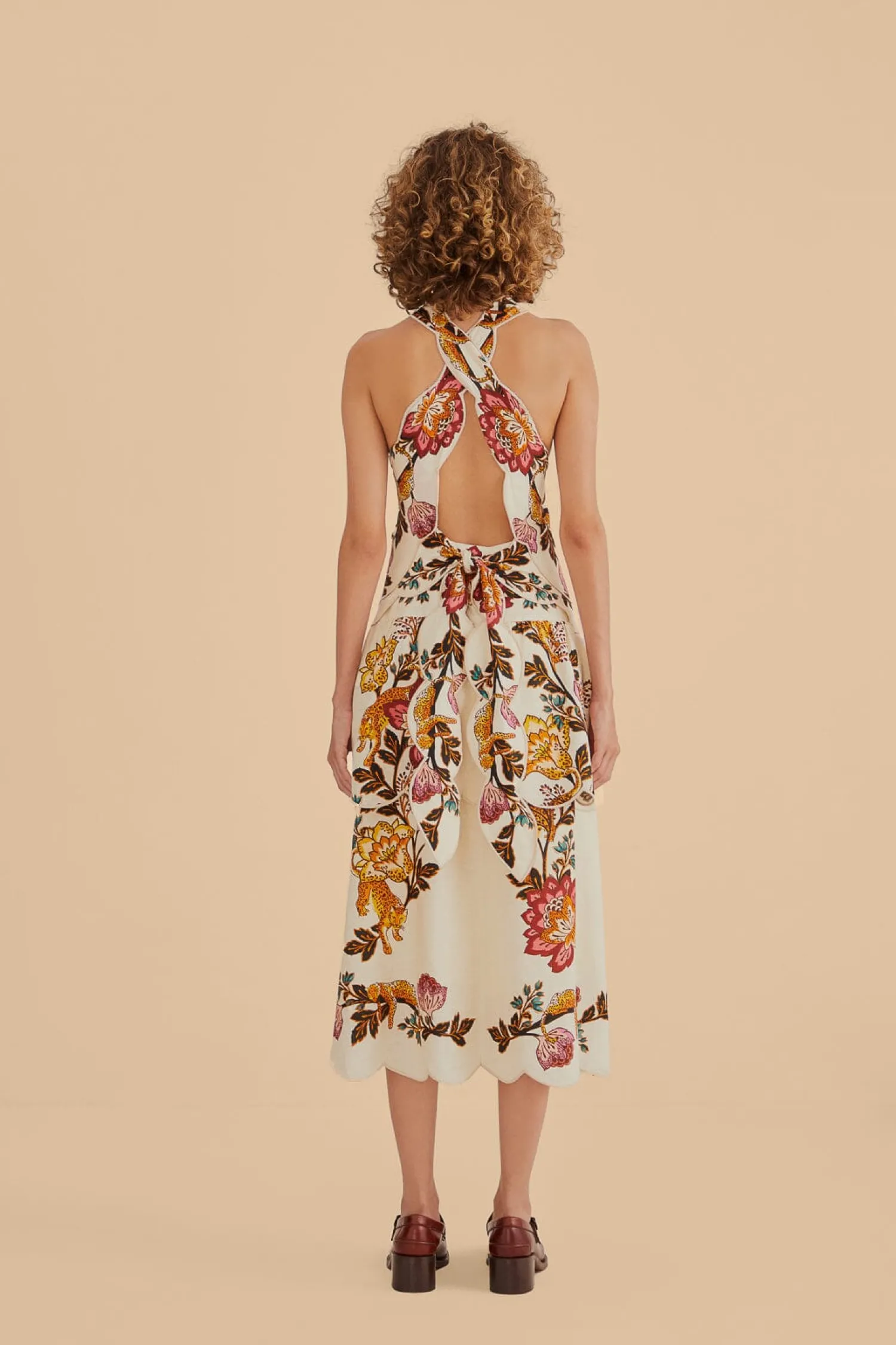 FARM Rio SAND LEOPARD FLOWERS CUT OUT MIDI DRESS