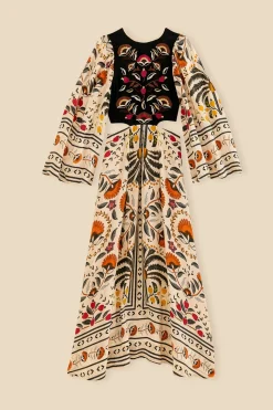 FARM Rio  SAND PALMS PARADISE EMBROIDERED CUT OUT MIDI DRESS
