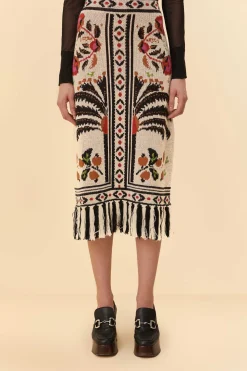 FARM Rio  SAND PALMS PARADISE KNIT FRINGE MIDI SKIRT