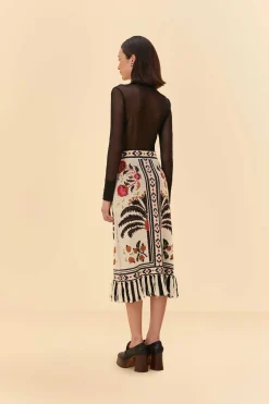 FARM Rio  SAND PALMS PARADISE KNIT FRINGE MIDI SKIRT