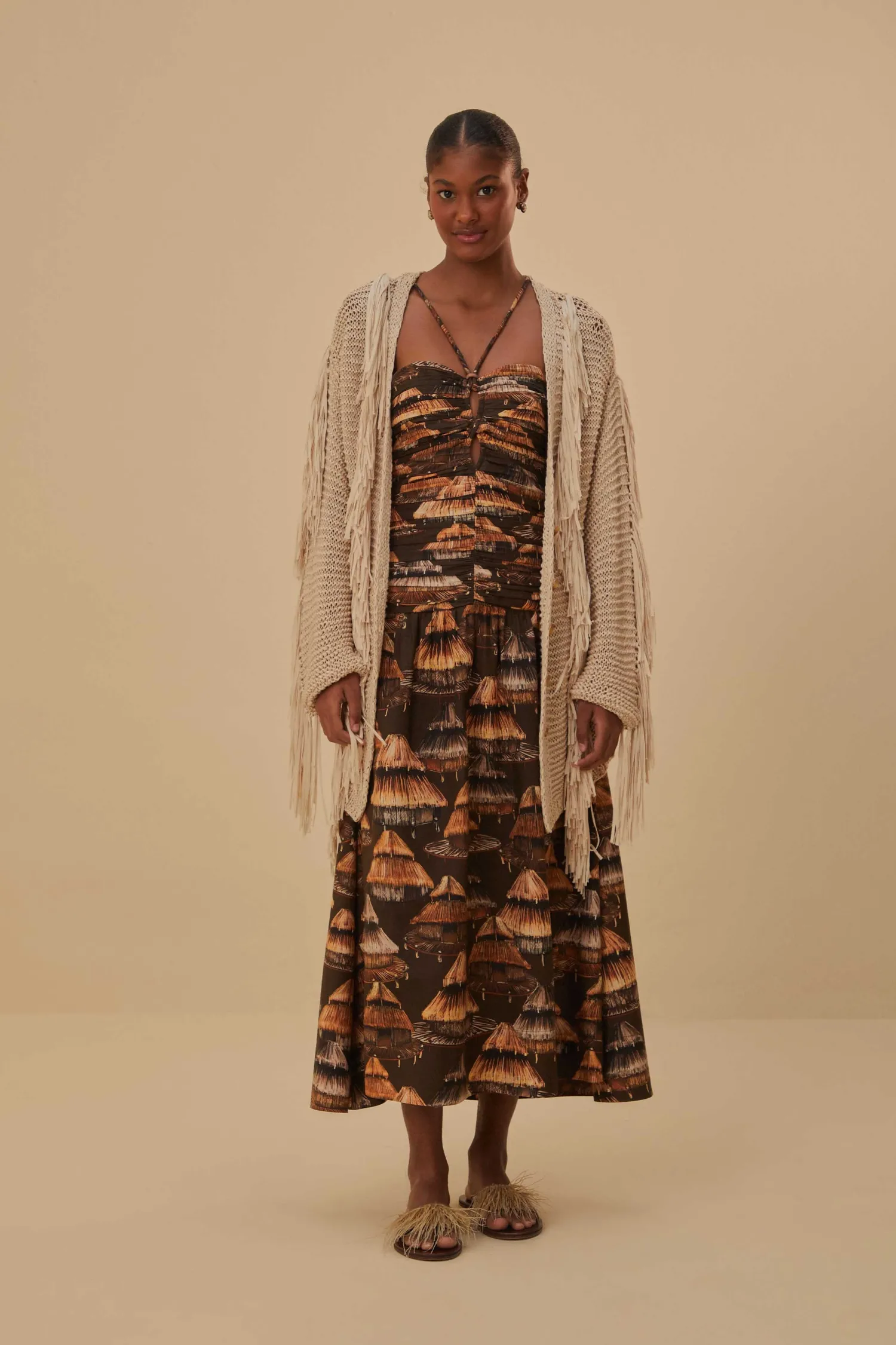 FARM Rio SAND STRIPES FRINGES KNIT CARDIGAN