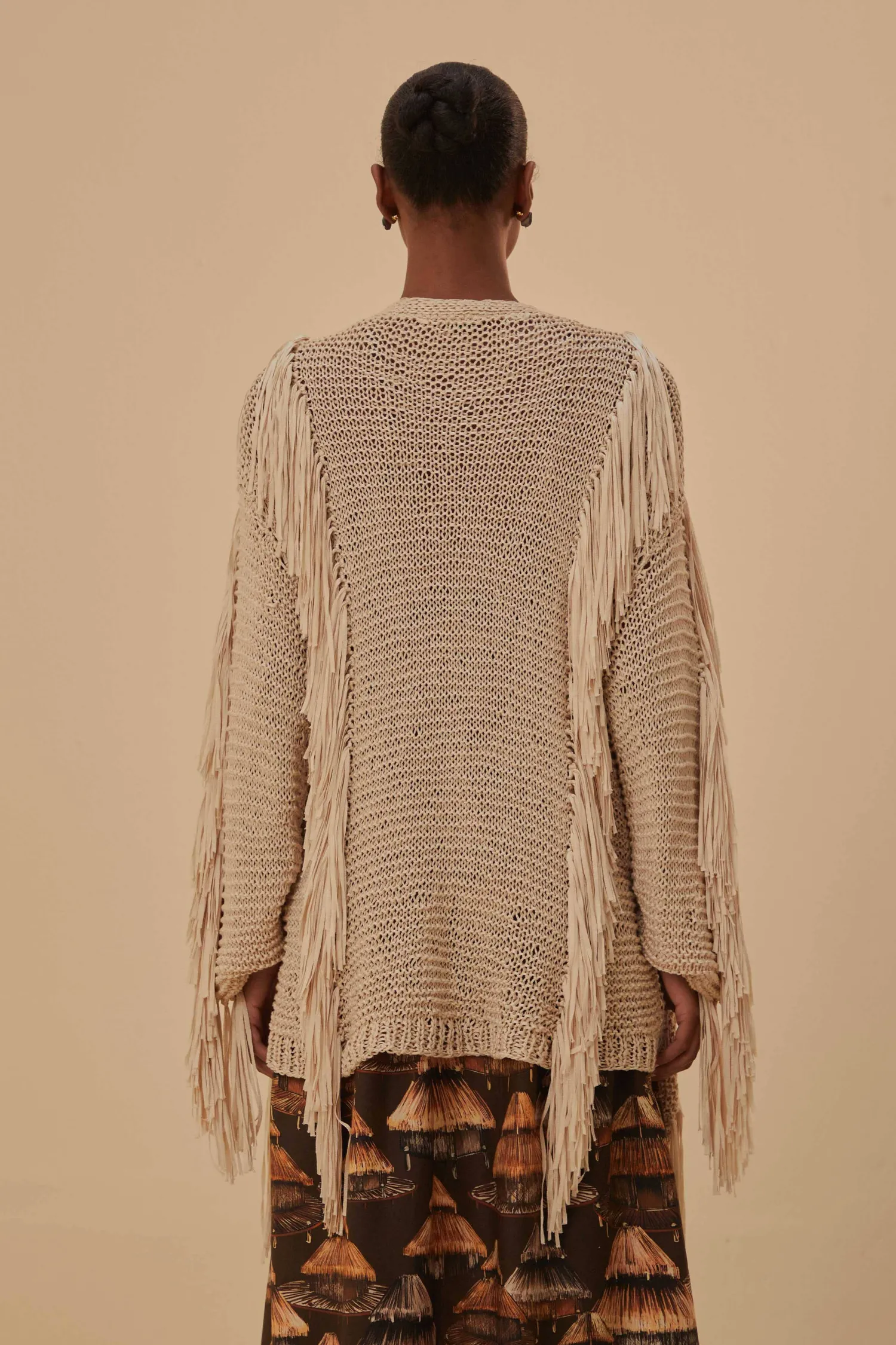 FARM Rio SAND STRIPES FRINGES KNIT CARDIGAN