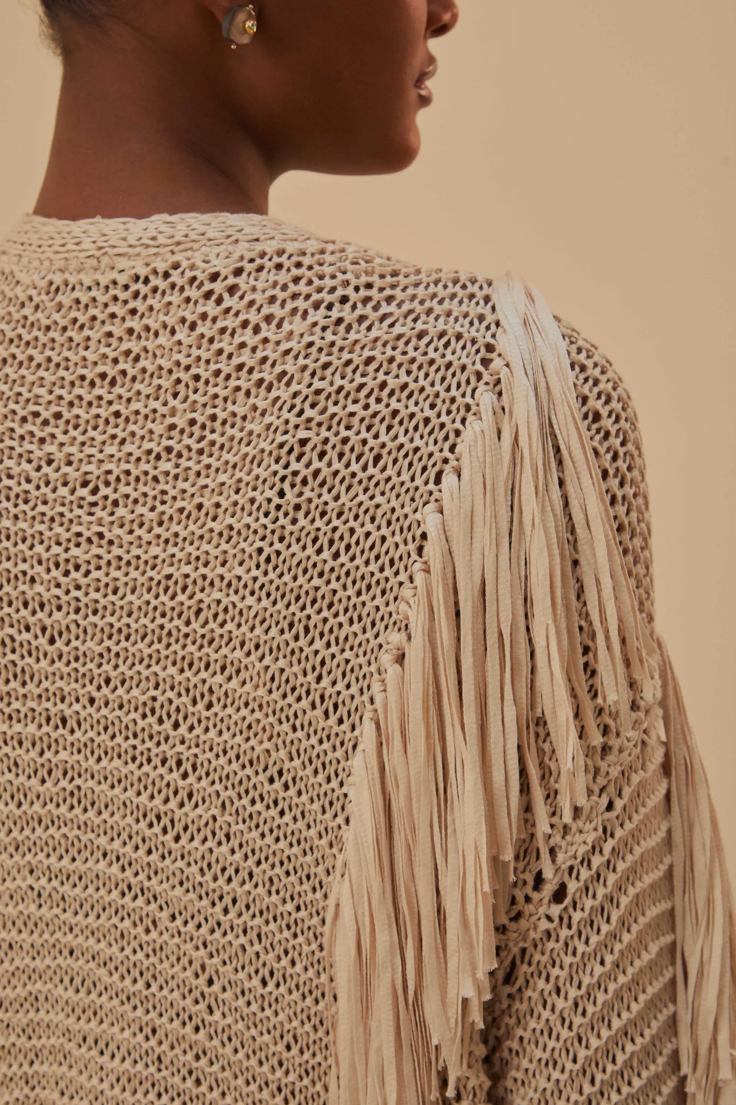 FARM Rio SAND STRIPES FRINGES KNIT CARDIGAN