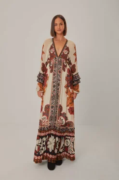 FARM Rio  SAND WINTER TAPESTRY V NECK MAXI DRESS