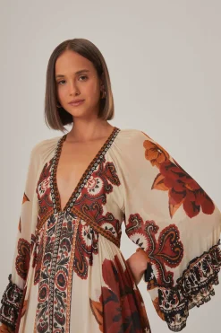 FARM Rio  SAND WINTER TAPESTRY V NECK MAXI DRESS