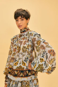FARM Rio SILVER FLORAL TAPESTRY LONG SLEEVE BLOUSE