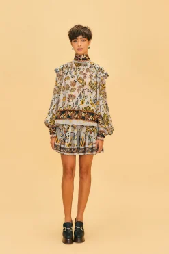 FARM Rio  SILVER FLORAL TAPESTRY LONG SLEEVE BLOUSE