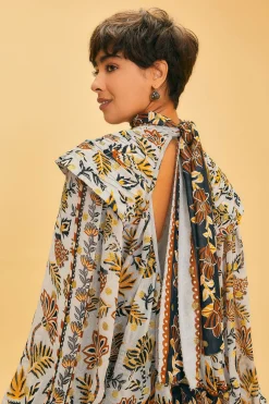 FARM Rio SILVER FLORAL TAPESTRY LONG SLEEVE BLOUSE