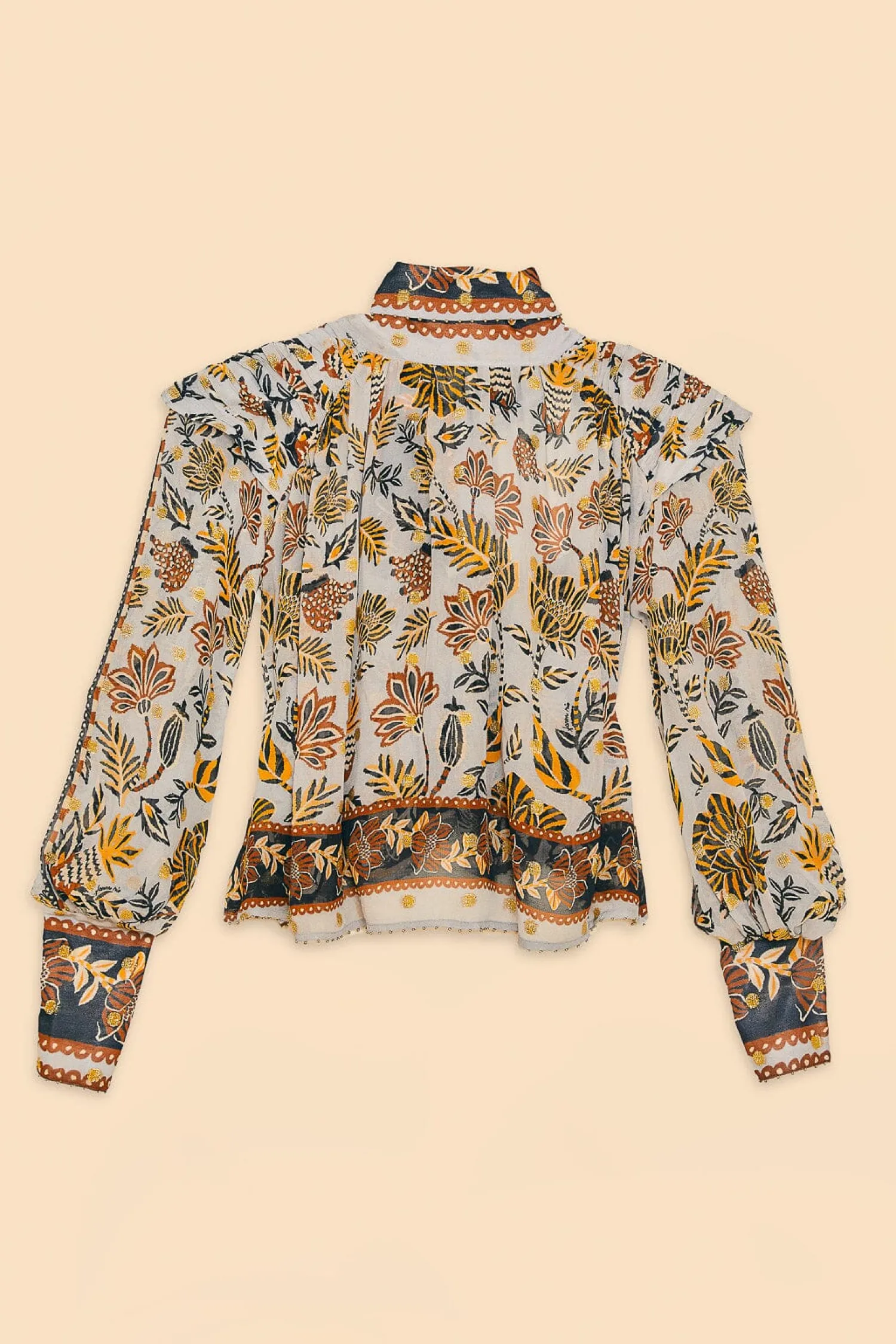 FARM Rio SILVER FLORAL TAPESTRY LONG SLEEVE BLOUSE
