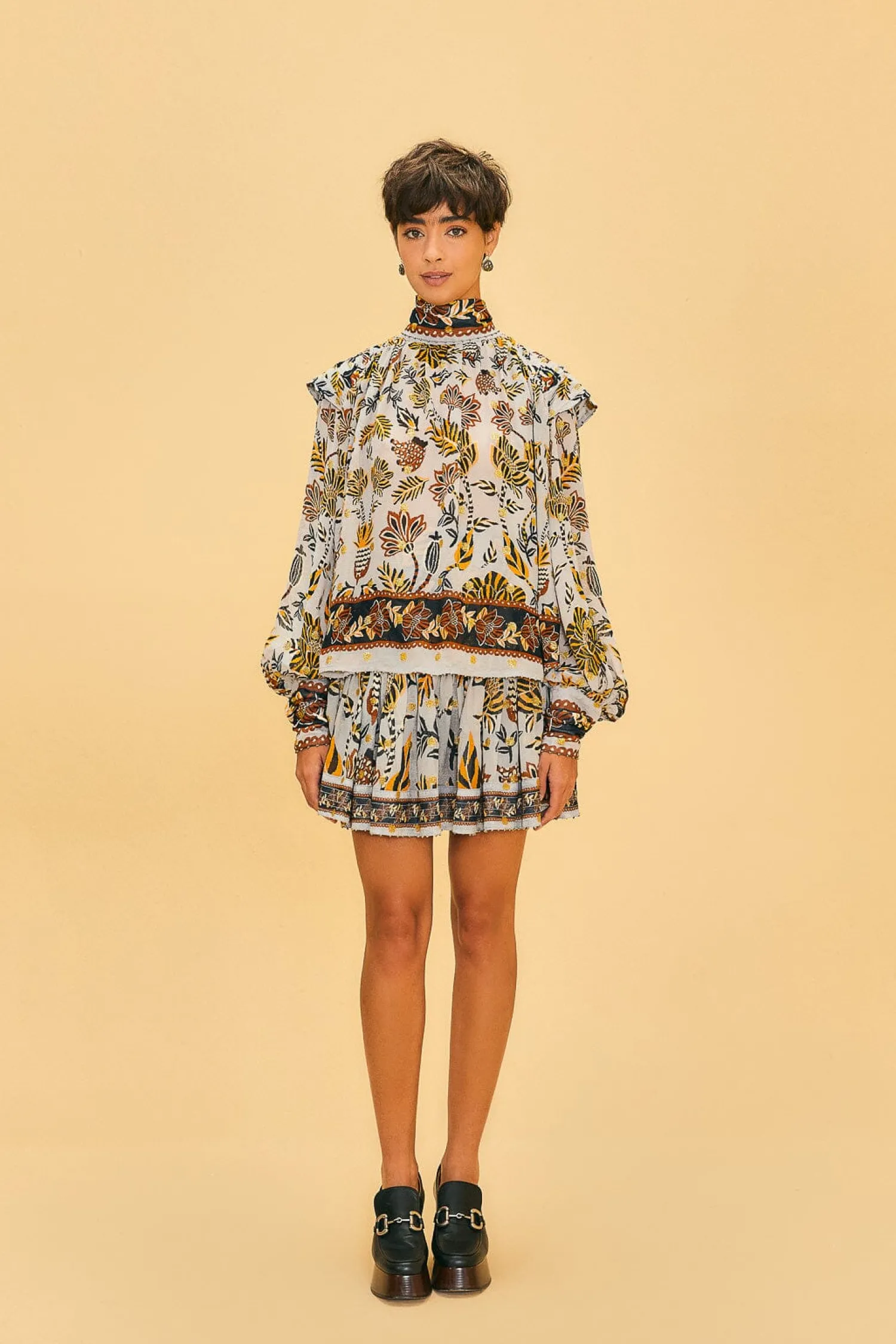 FARM Rio SILVER FLORAL TAPESTRY MINI SKIRT