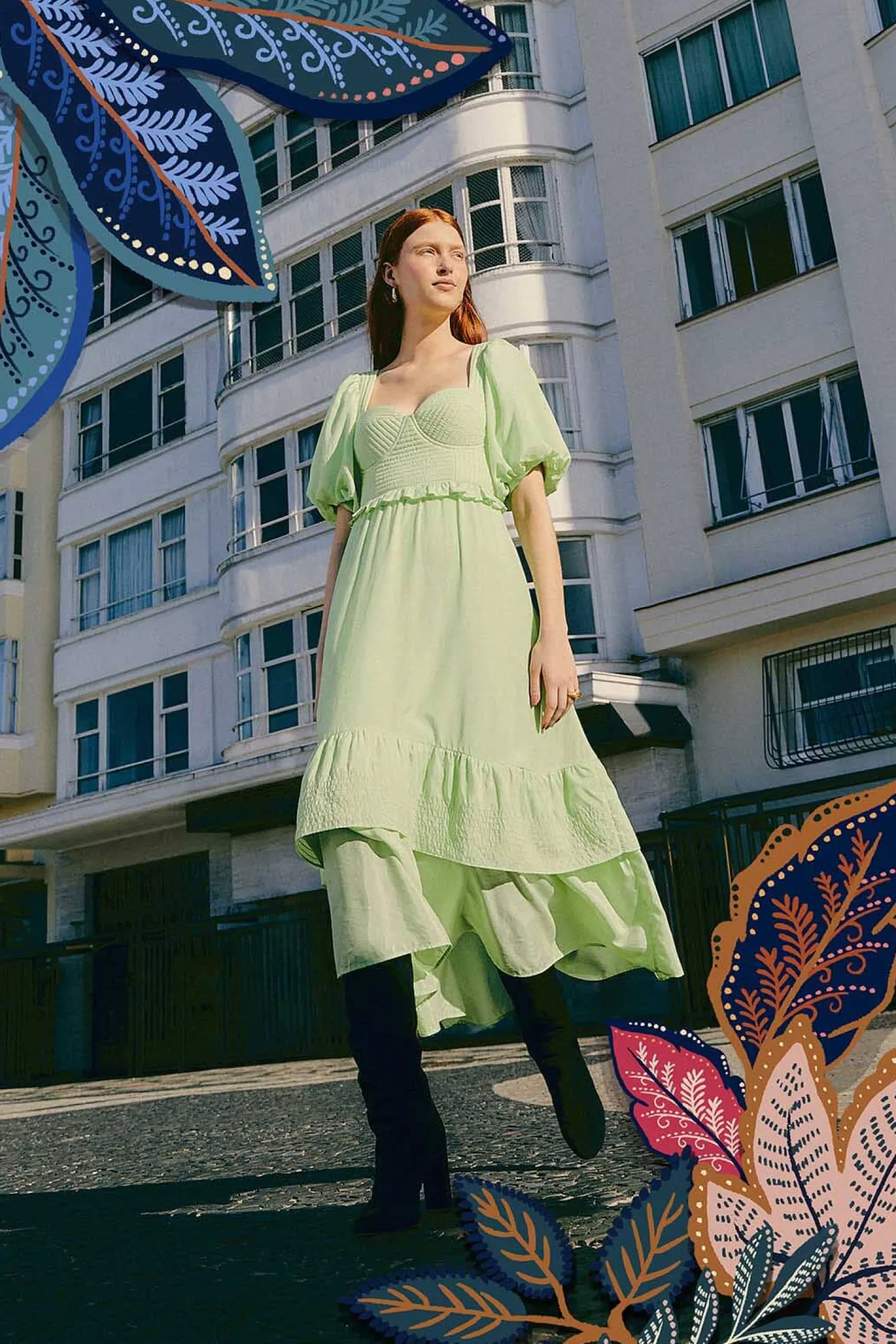 FARM Rio SOFT GREEN SHORT SLEEVE MIDI DRESS