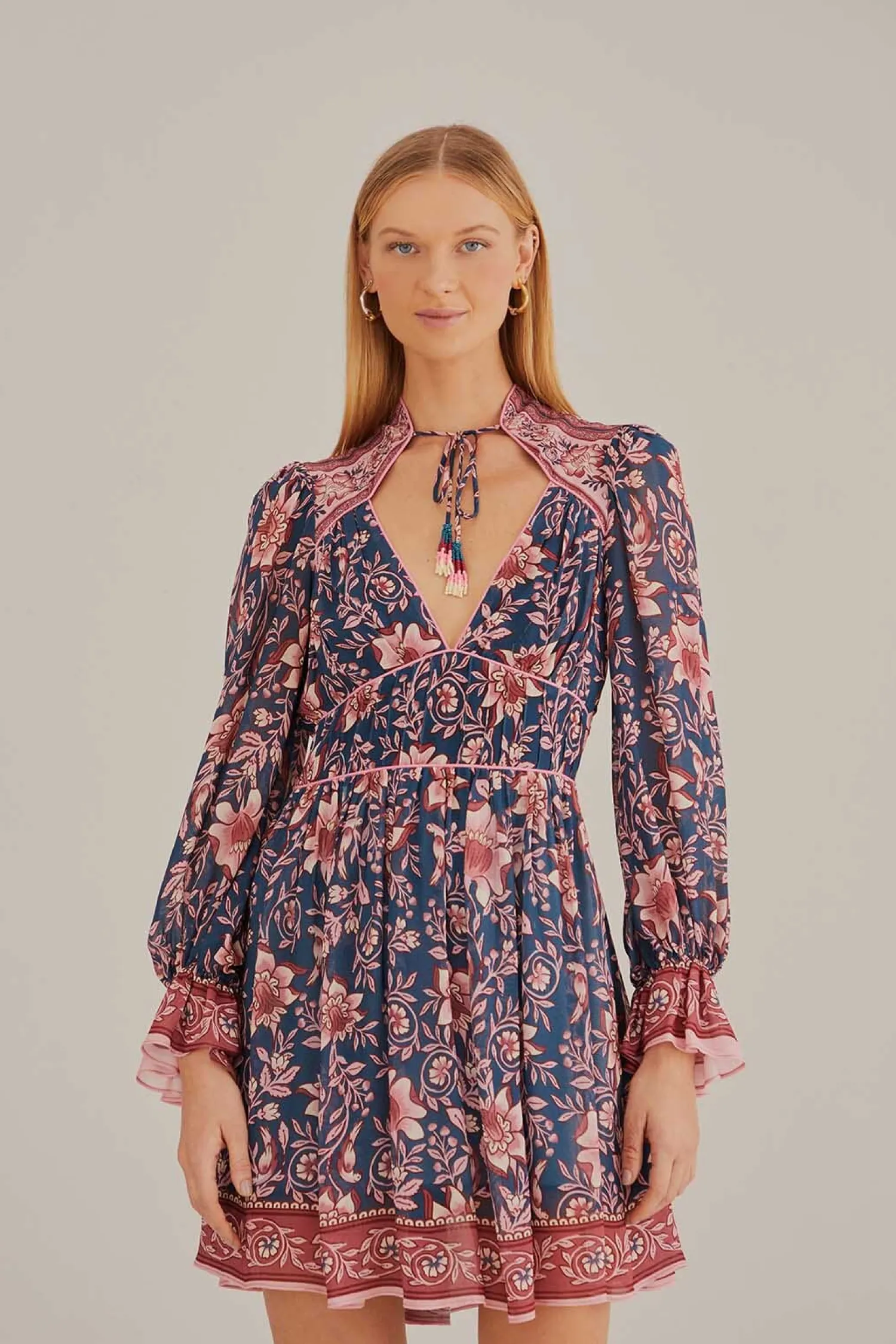 FARM Rio TEAL AINIKA CHARM LONG SLEEVE MINI DRESS