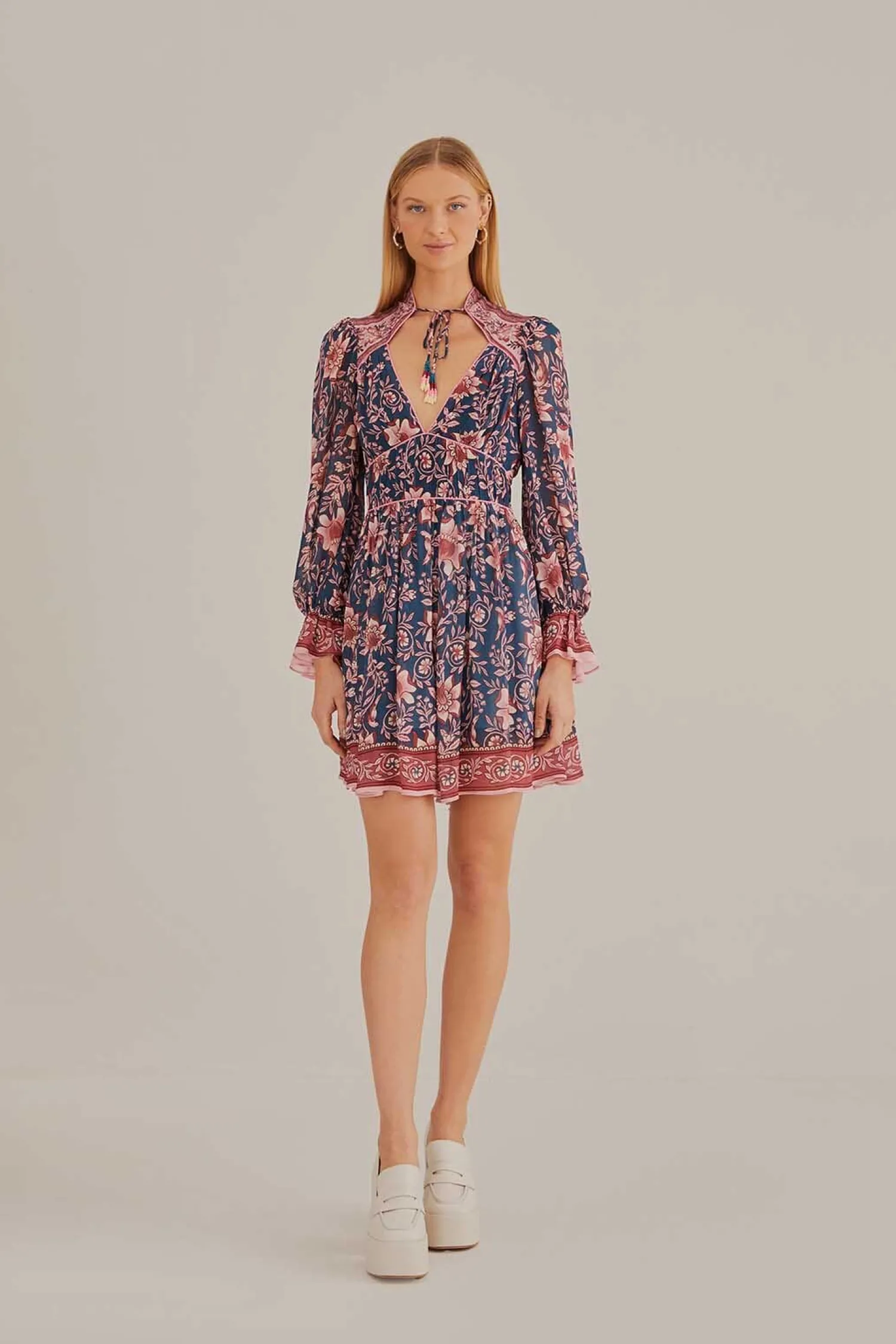 FARM Rio TEAL AINIKA CHARM LONG SLEEVE MINI DRESS