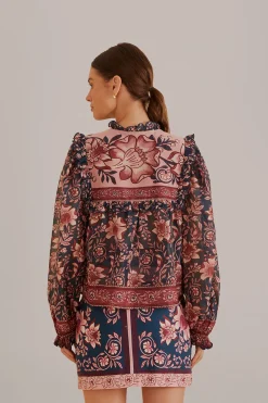 FARM Rio  TEAL AINIKA CHARM LONG SLEEVE BLOUSE