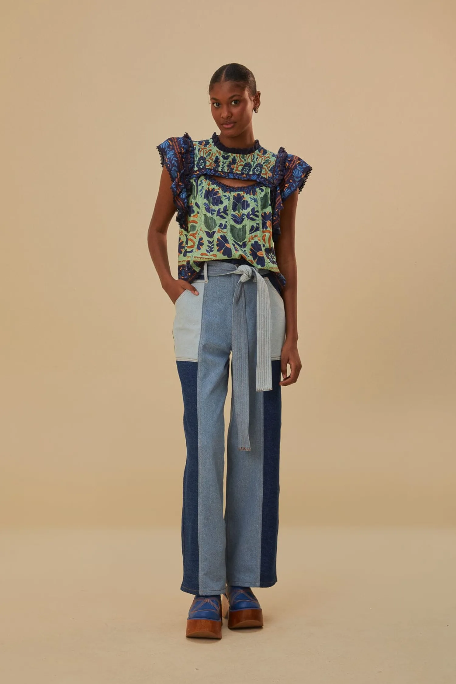 FARM Rio TIE WAIST PATCH DENIM PANTS
