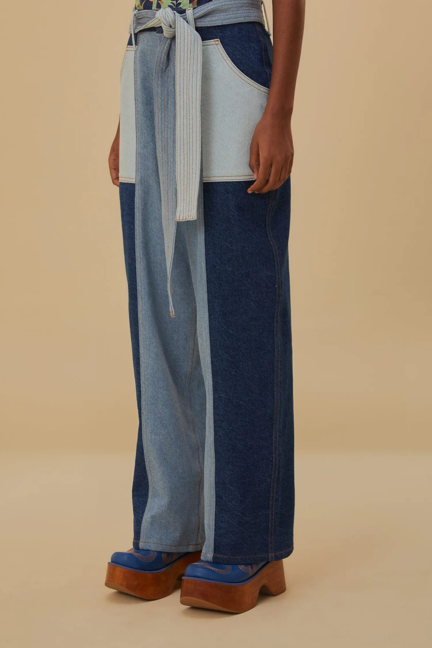 FARM Rio TIE WAIST PATCH DENIM PANTS