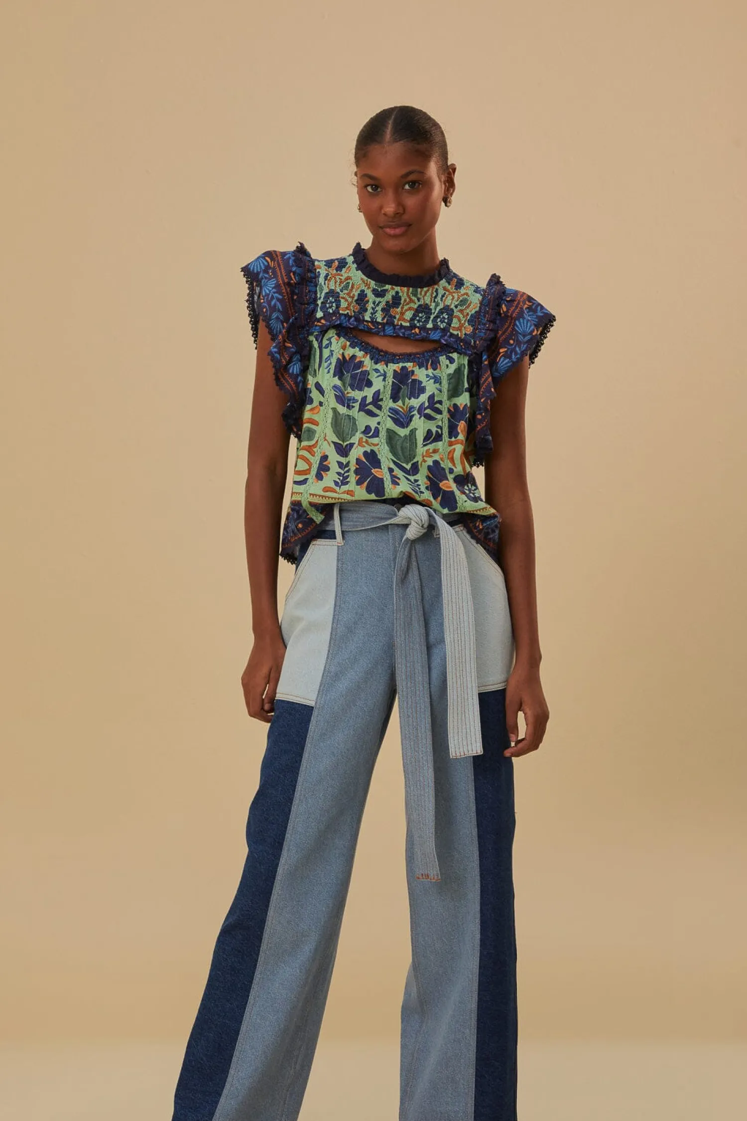 FARM Rio TIE WAIST PATCH DENIM PANTS