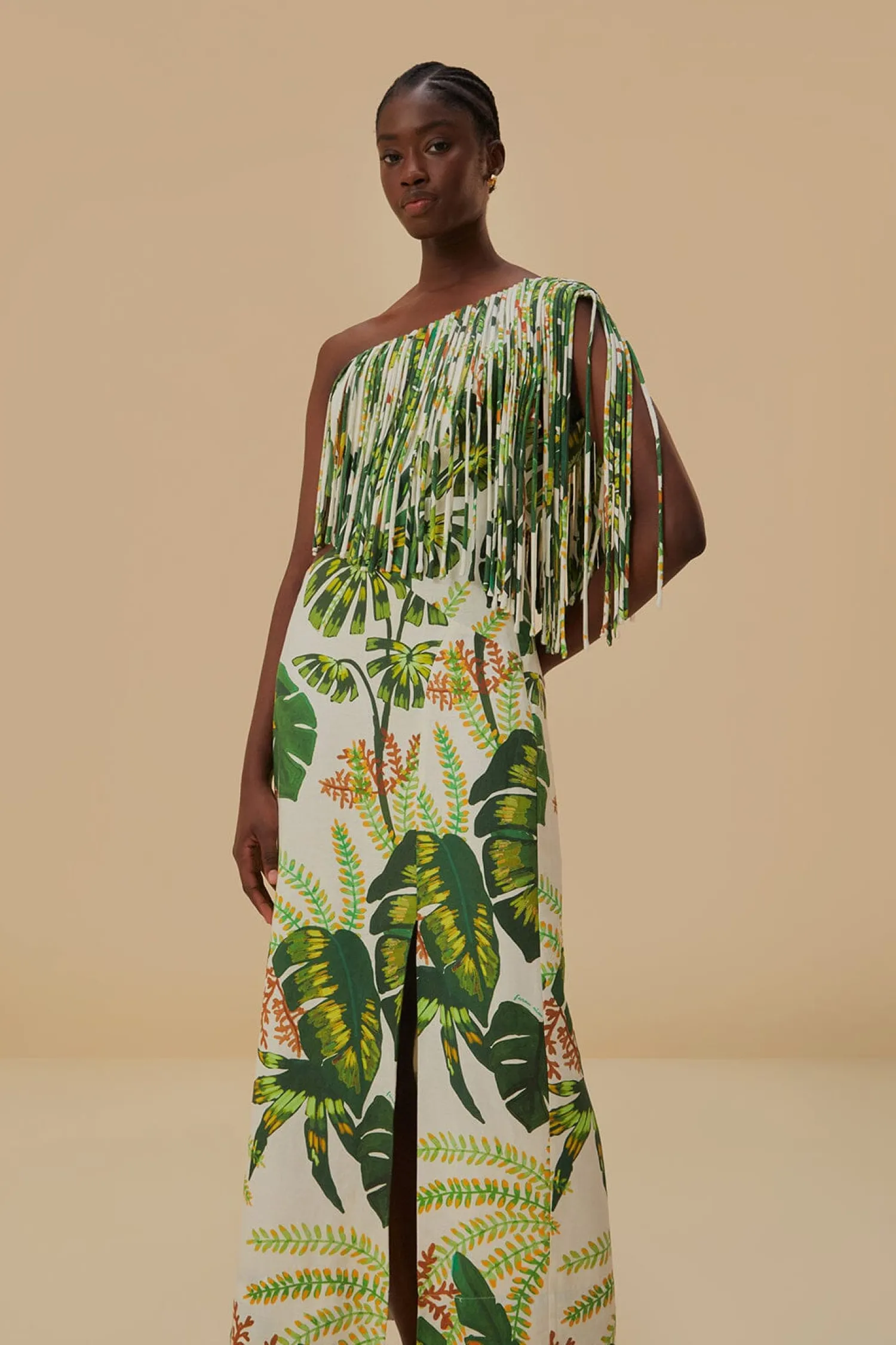 FARM Rio TROPICAL FOREST OFF-WHITE FRINGED MIDI DRESS