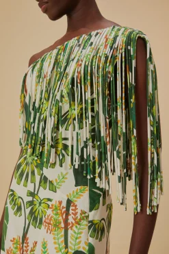 FARM Rio TROPICAL FOREST OFF-WHITE FRINGED MIDI DRESS