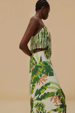 FARM Rio TROPICAL FOREST OFF-WHITE FRINGED MIDI DRESS