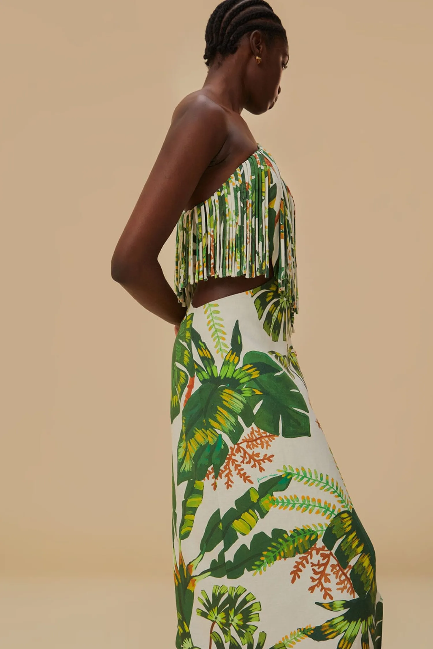 FARM Rio TROPICAL FOREST OFF-WHITE FRINGED MIDI DRESS