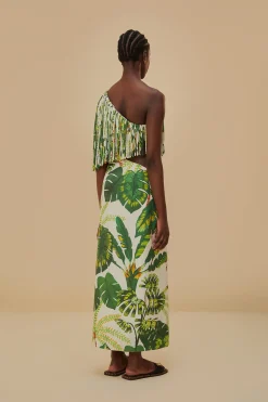 FARM Rio TROPICAL FOREST OFF-WHITE FRINGED MIDI DRESS