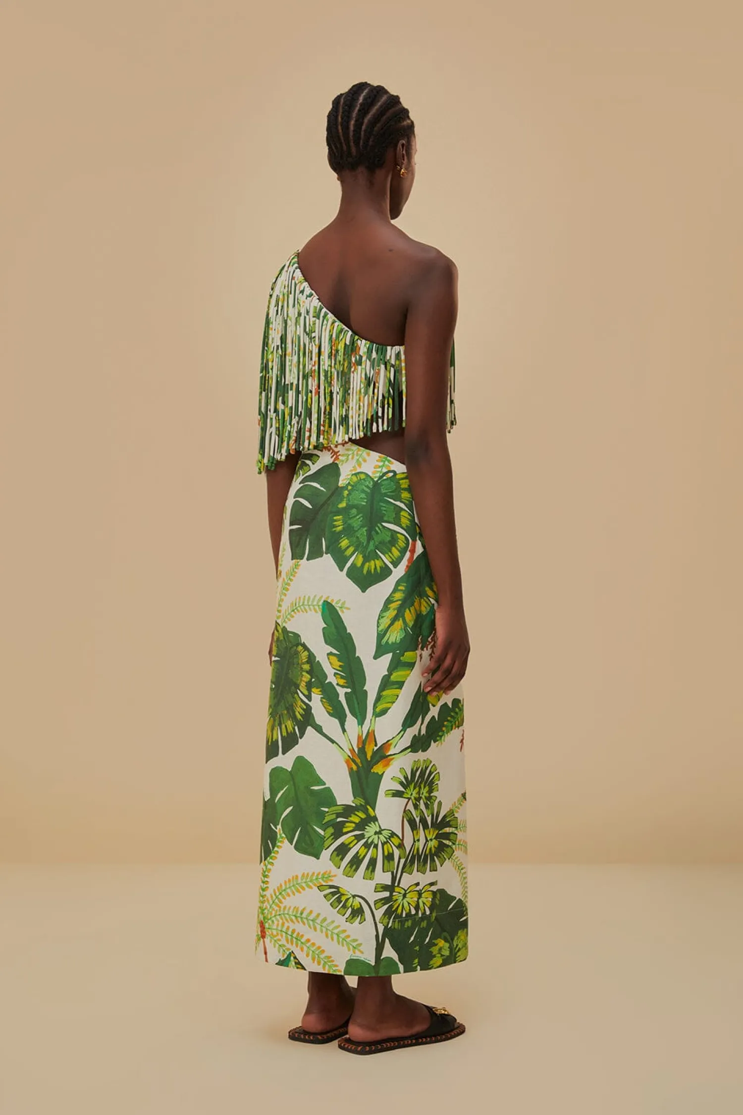 FARM Rio TROPICAL FOREST OFF-WHITE FRINGED MIDI DRESS