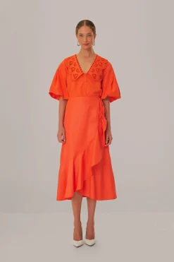 FARM Rio  VIVID ORANGE MIDI SKIRT