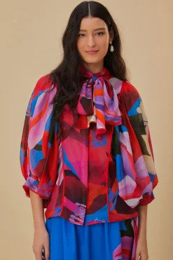 FARM Rio  WATERCOLOR FLORAL BLUE LONG SLEEVE BLOUSE