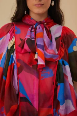 FARM Rio  WATERCOLOR FLORAL BLUE LONG SLEEVE BLOUSE