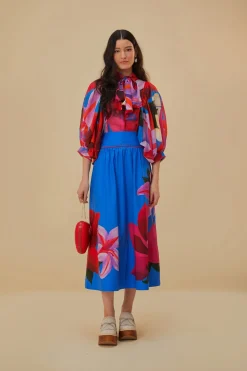 FARM Rio  WATERCOLOR FLORAL BLUE MIDI SKIRT