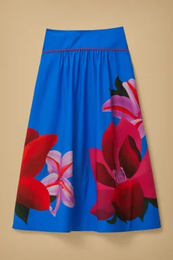 FARM Rio  WATERCOLOR FLORAL BLUE MIDI SKIRT