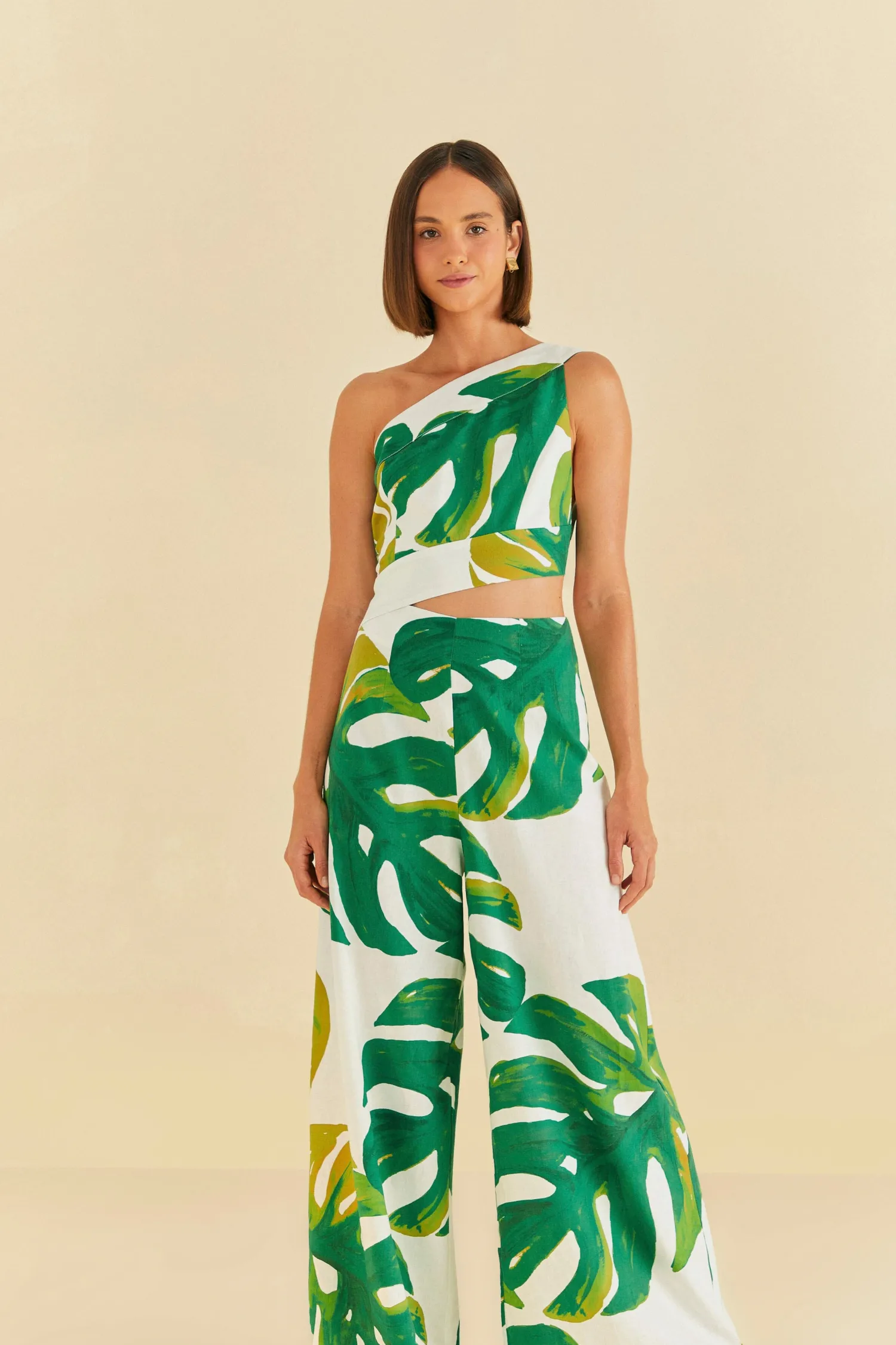 FARM Rio WHITE MONSTERA ONE SHOULDER JUMPSUIT