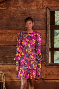 FARM Rio YELLOW FRUIT DREAM LONG SLEEVE MINI DRESS